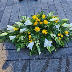 Yellow rose and white Lily coffin casket spray  3ft