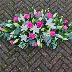 Pink rose and lily coffin casket spray 3ft 